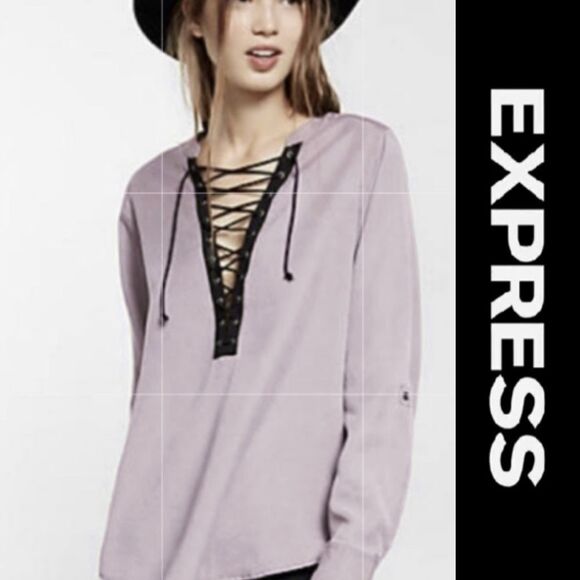 Express Lace-Up Rolled Sleeve Blouse - Picture 1 of 7